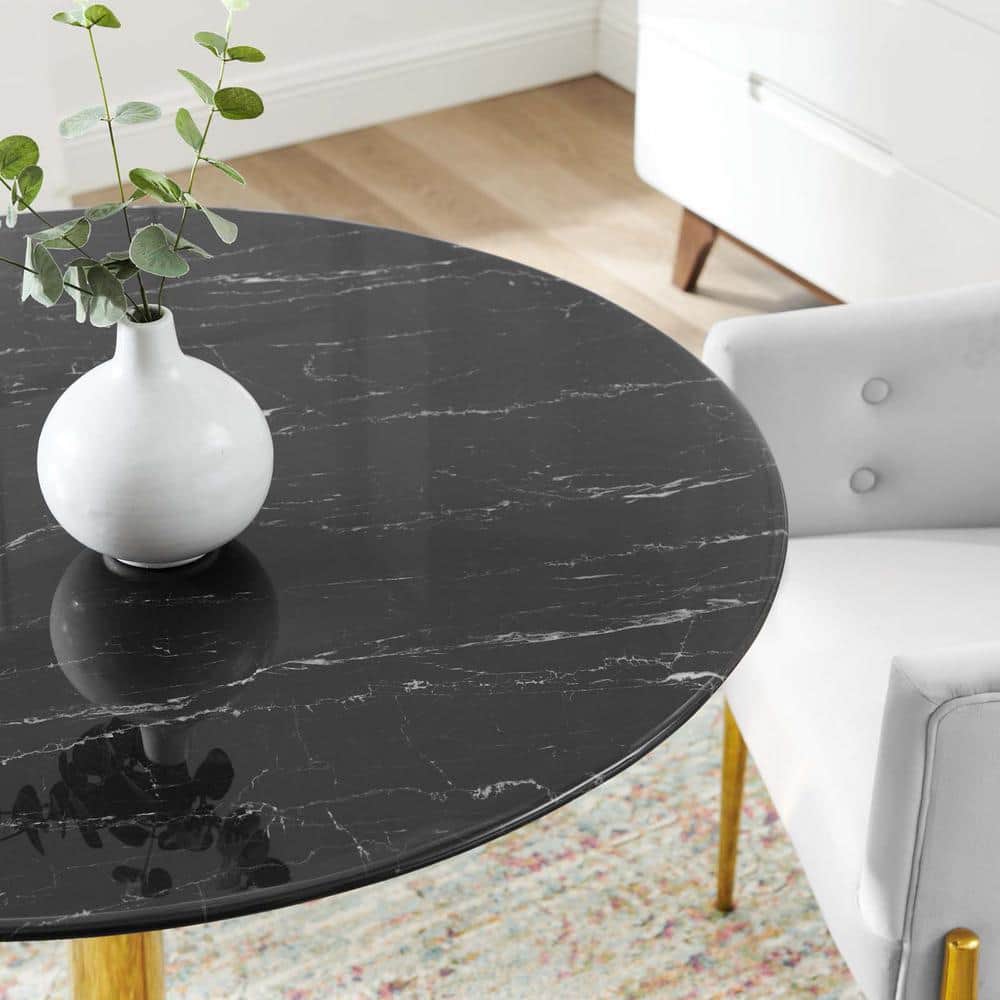 Black Round Artificial Marble Dining Table with Gold Metal Base
