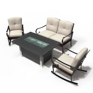 King Black 4-Piece Aluminum Patio Fire Pit Conversation Sofa Set with Beige Cushions