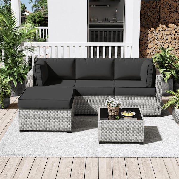 25.6 in. x 25.6 in. x 4 in. (9-Piece) Deep Seating Outdoor Lounge Chair Sectional Cushion Black