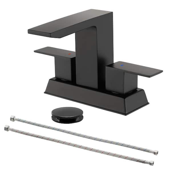 FLG 4 in. Centerset Double Handle Bathroom Faucet with Pop-up Drain Stainless Steel Waterfall Sink Basin Taps in Matte Black