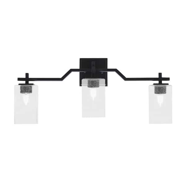 Unbranded Bridgewater 25 in. 3 Light Vanity Light Matte Black with 4 in. Square Clear Bubble Glass Shades, No Bulbs Included