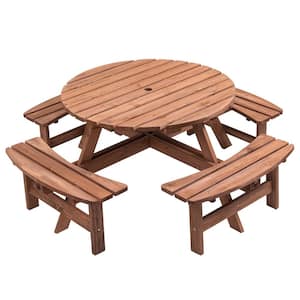 70.07 in. Brown Round Wood Picnic Table with 4-Built-in Benches, 8-Person Outdoor Camping Dining Table