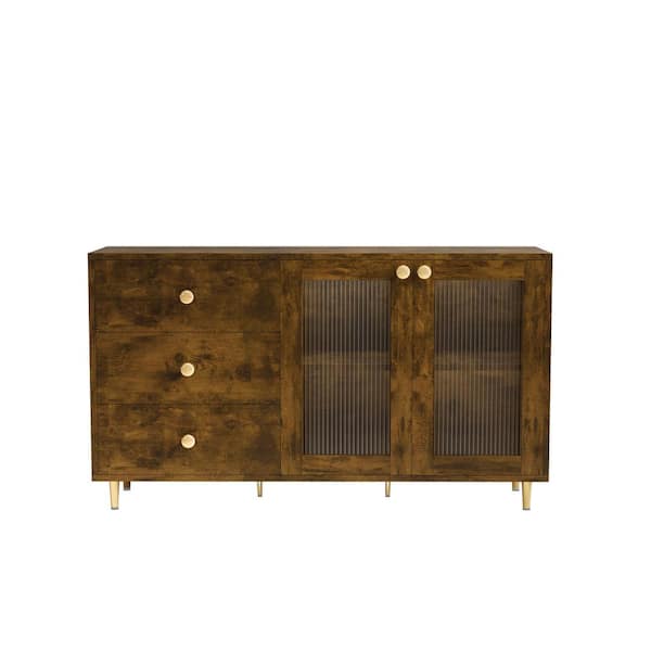 Unbranded Black Brown MDF 55 in. Modern Buffet Cabinet Glass Doors Sideboard Kitchen Storage Cabinet with 3-Drawers and Shelves