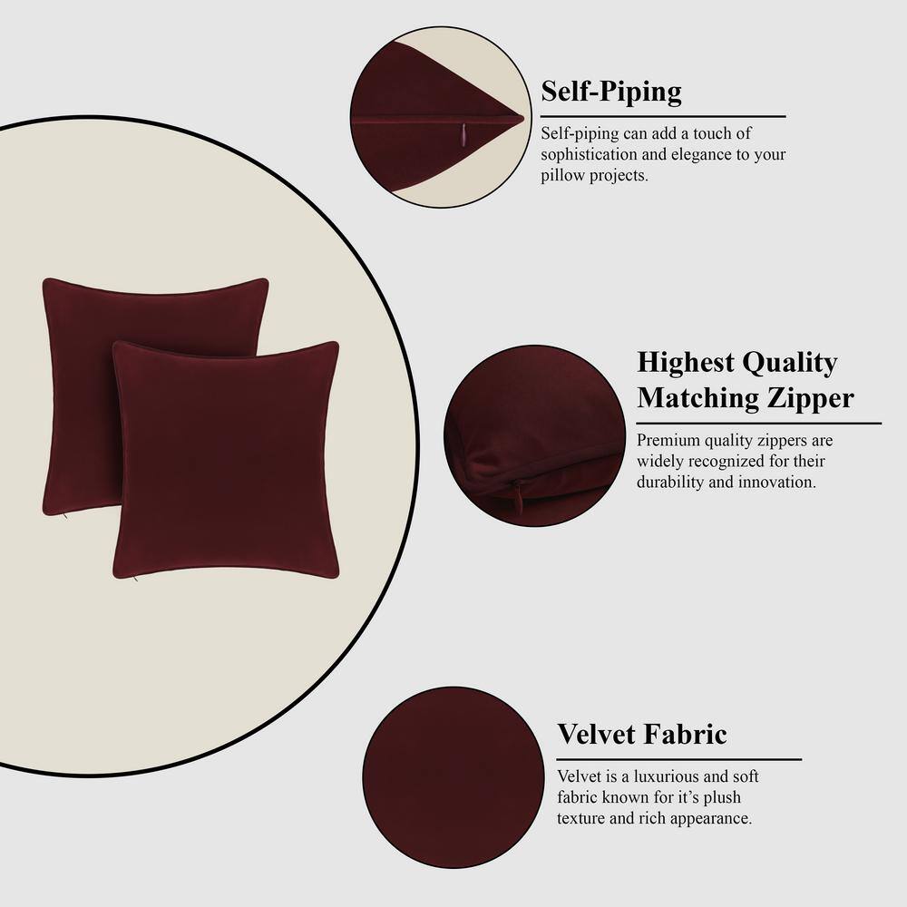 Wine Red 20" x 20" Velvet Throw Pillow Covers Set