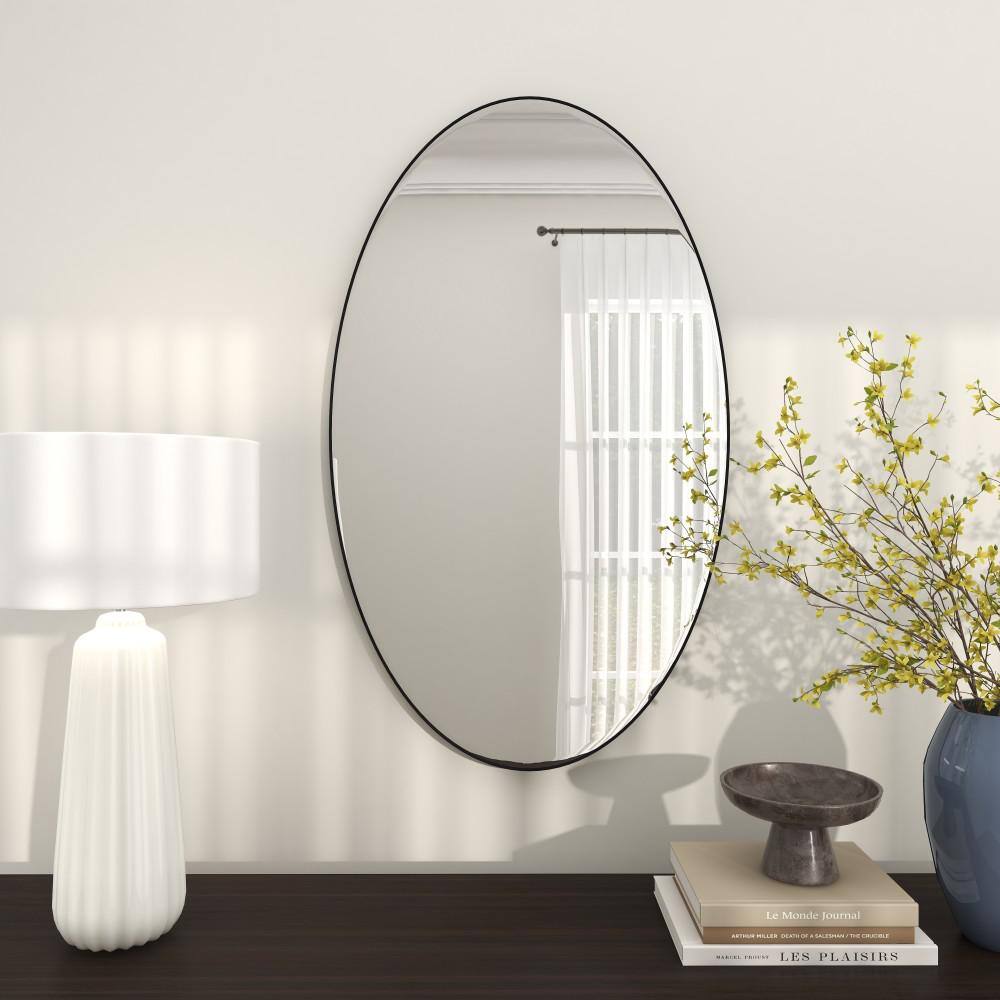 Modern Oval Black and Silver Wood Framed Dresser Mirror