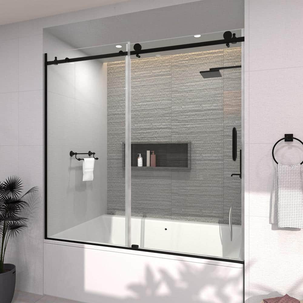 60'' Matte Black Semi-Frameless Sliding Tub Door with Clear Glass
