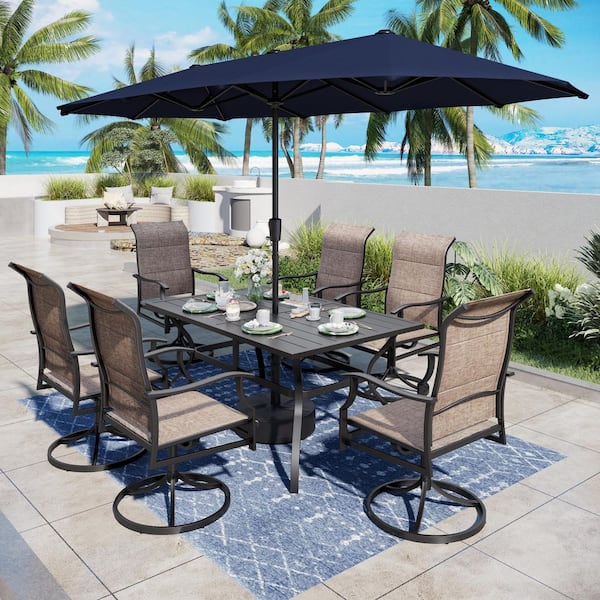 PHI VILLA 8-Piece Metal Outdoor Patio Dining Set with Padded Textilene Swivel Chairs, Rectangular Table and Umbrella