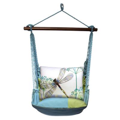 3-Piece Wood Polyester Cushioned Porch Swing with Dragonfly Print Back Pillow
