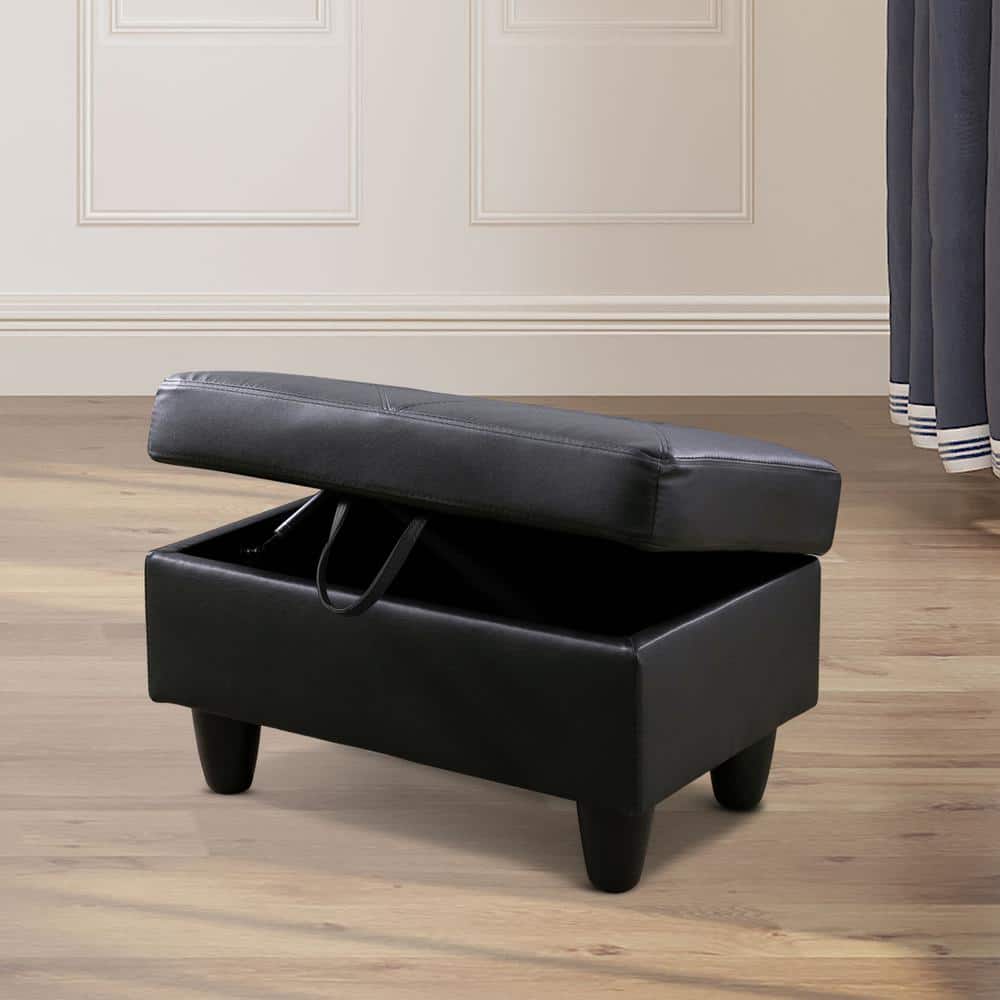 28.5 in. W Black Faux Leather Rectangle Ottoman with Storage