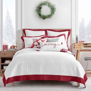 All is Bright 3-Piece White and Red Diamond Quilting Microfiber Velvet Full/Queen Quilt Set