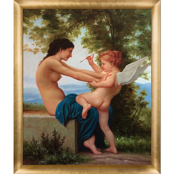 LA PASTICHE 23 in. x 27 in. "Young Girl Defending Herself Against Eros, 1880" by William-Adolphe Bouguereau Framed Wall Art