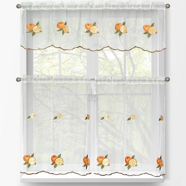 Window Elements Sheer Oranges Embroidered 3-Piece Kitchen Curtain Tier and Valance Set