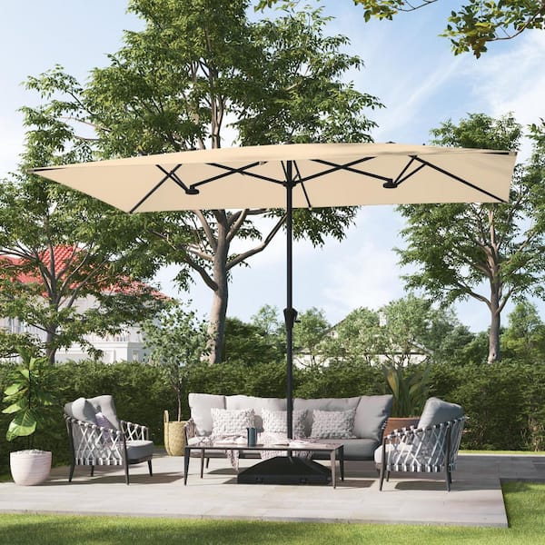 JOYESERY 11 x 7 ft. Steel Double-Sided Rectangular Outdoor Market Patio Umbrella with Crank in Beige