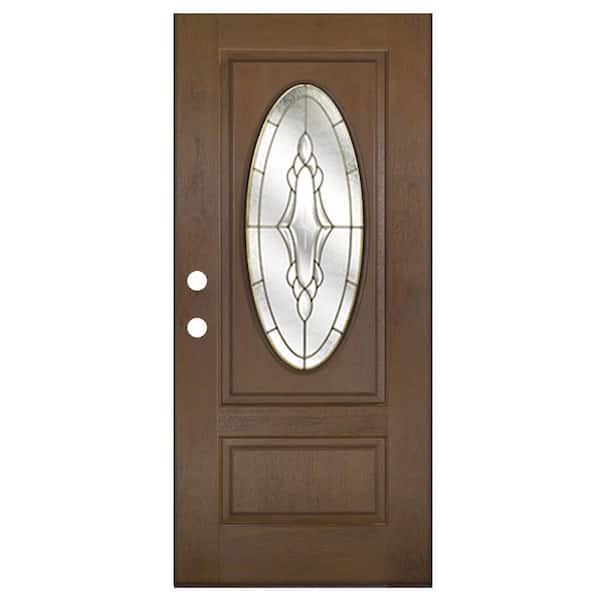 MP Doors 36 in. x 80 in. Medium Oak Right-Hand Inswing Andaman with Brass Oval Lite Prestige Fiberglass Prehung Front Door