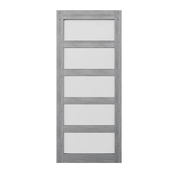 36 in. x 84 in. 5-Lite Tempered Frosted Glass Gray Finished MDF Barn Door Slab without Hardware Kit