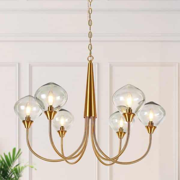 32 in. Modern 6-Light Plating Brass Island Chandelier with Smoky Gray Glass Globes Dining Rooms Kitchen Pendant Light