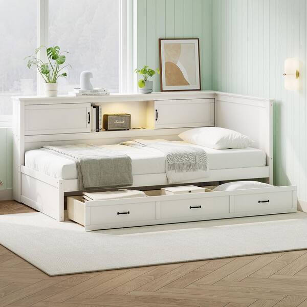 L-Shaped White Pine Wood Frame Twin Platform Bed with Drawer, Bookcase, LED Downlight for Bedroom