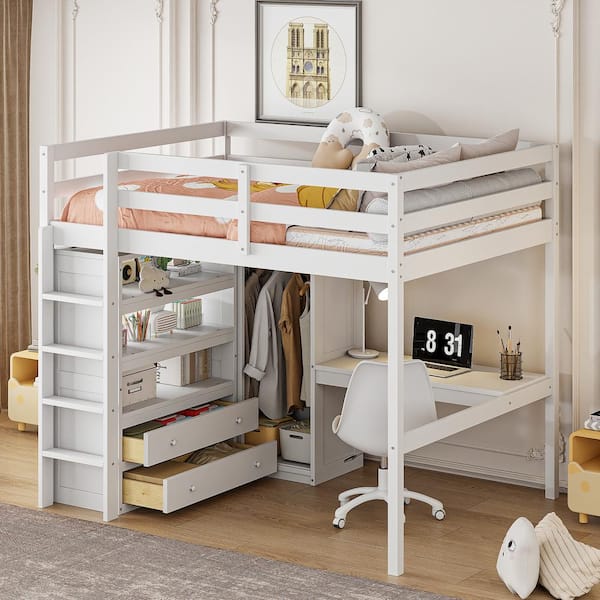 Qualler White Full Size Loft Bed with Built-in Wardrobe, Desk and Drawers