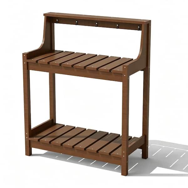 3-Tier Brown HDPE Outdoor Potting Benches, Potting Table with Storage