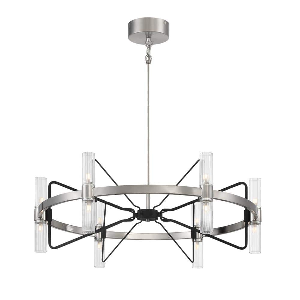 Brushed Nickel and Sand Coal 12-Light Chandelier with Clear Ribbed Glass Shades
