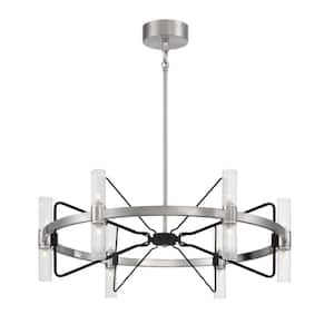 Mass Transit 12-Light Brushed Nickel and Sand Black Wagon Wheel Pendant with Clear Ribbed Glass Shades