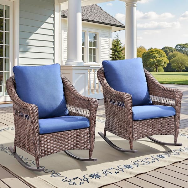 Buenaola Brown Wicker Outdoor Rocking Chair with Blue