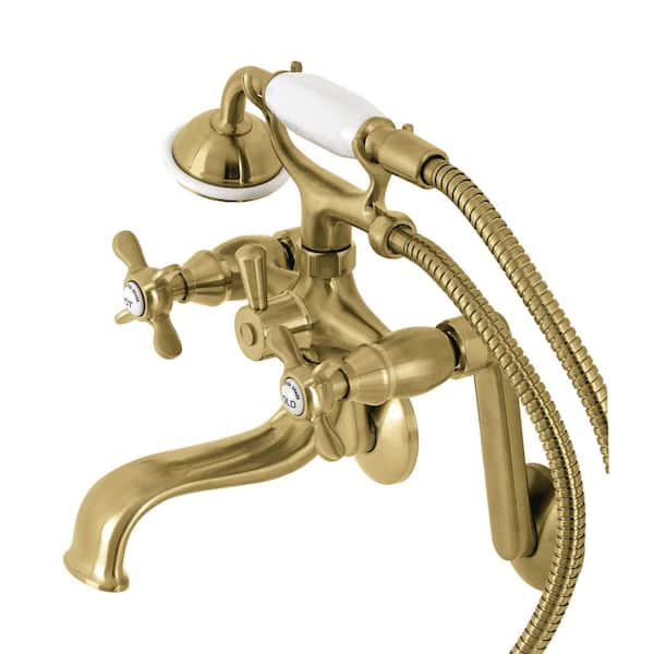 Kingston 3-Handle Wall-Mount Clawfoot Tub Faucet with Hand Shower in Brushed Brass