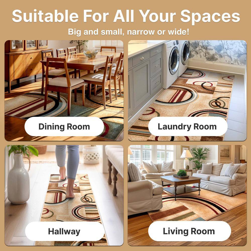 Ivory and Multicolor Geometric Pattern Synthetic Area Rug
