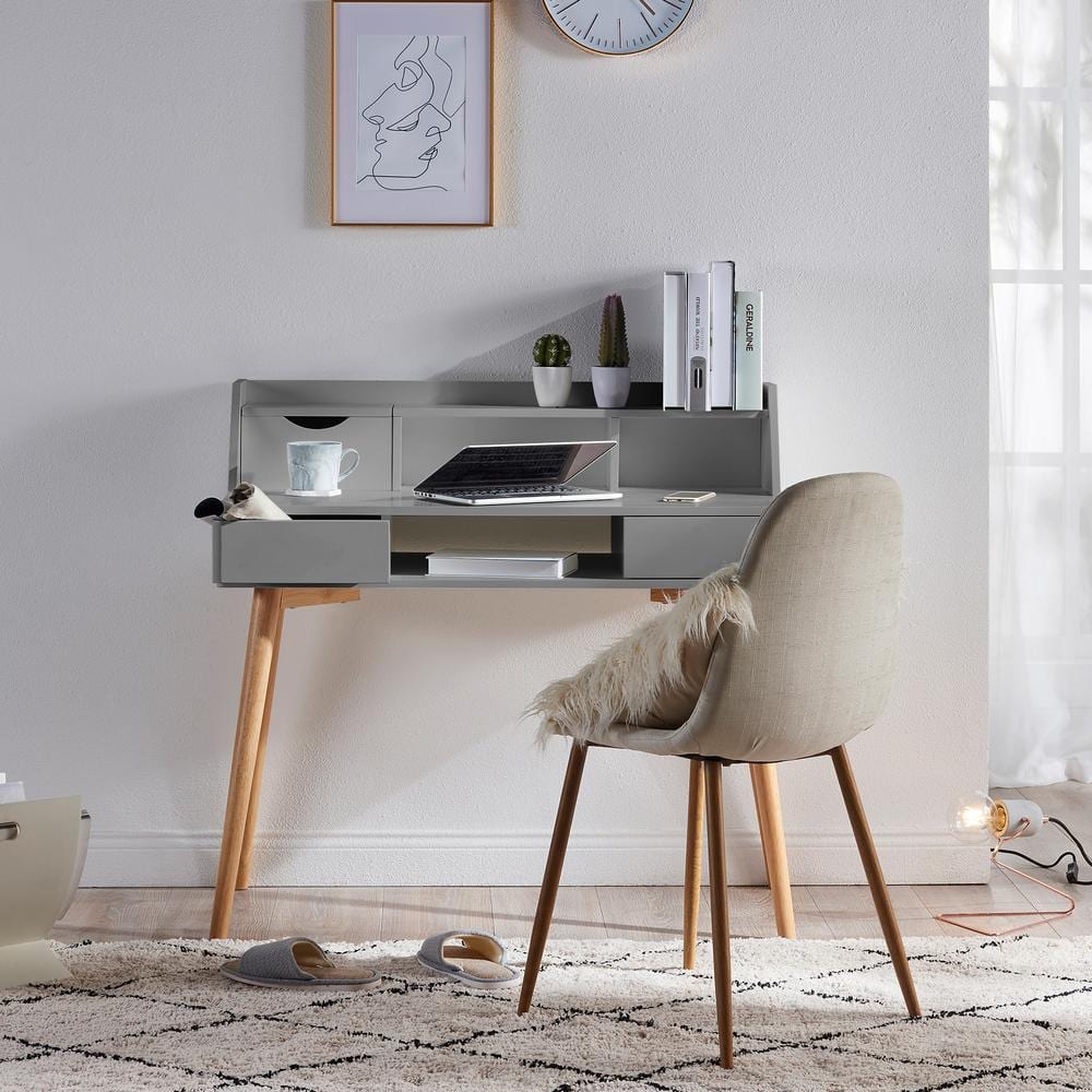 Light Gray Wooden Writing Desk with Hutch and Drawers