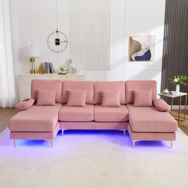 104 in. 4-piece U-Shape Modern Corduroy Upholstered Sectional Sofa with Double Chaises and Lighting System in. Pink