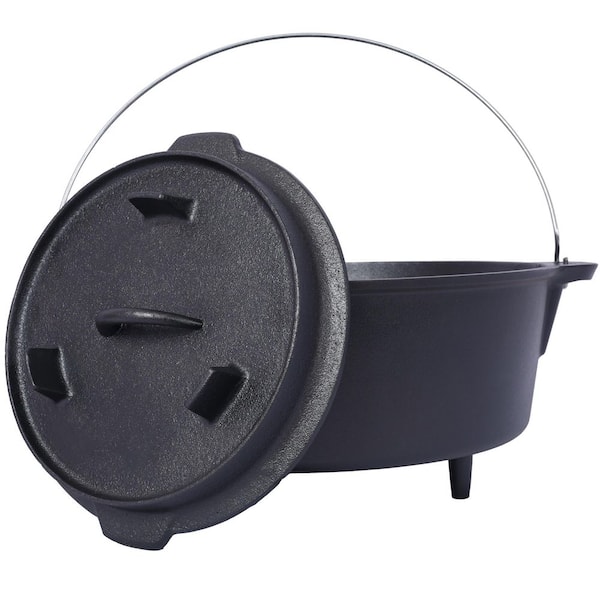 Camping 8 qt. pre-Seasoned Round Cast Iron Dutch Oven with Lid and Leg Base