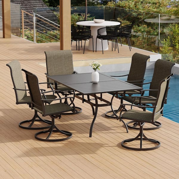 Anmutig 7-Piece Metal Outdoor Patio Dining Set Rectangular Dining Table with Six Sling Swivel Chairs-Brown