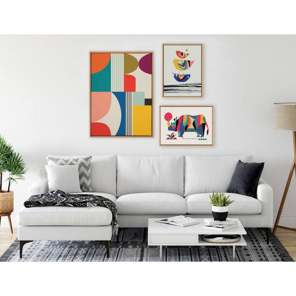 Colorful Abstract Mid Century Modern Canvas Wall Art, 28x38 Natural Frame