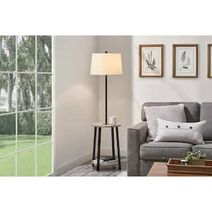 Fairford 61.5 in. Faux Wood and Matte Black Standard End Table Floor Lamp with White Fabric Shade