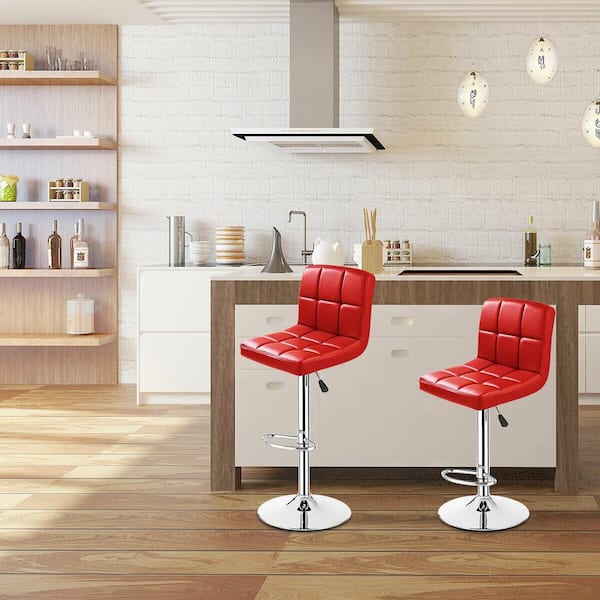 42.5 in. 2-Piece Red Adjustable PU Leather Swivel Bar Stools with Steel Frame
