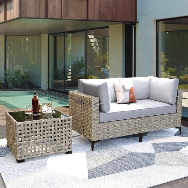 OVIOS Supery Gray 3-Piece Wicker Patio Conversation Set with Gray Cushions and Coffee Table
