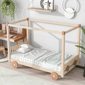 Polibi 40.80 in. W Brown Wood Frame Twin Size Car-Shaped Canopy Bed RS ...