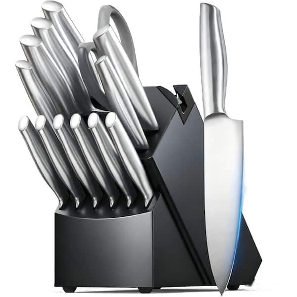 14-Piece High Carbon Stainless Steel Japanese Knife Set Built-in Sharpener and Wood Block in Black