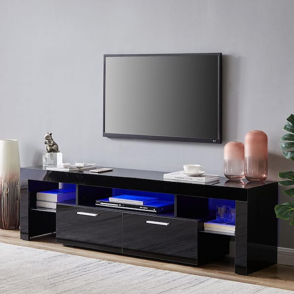 Black 63'' High Gloss TV Stand Unit Cabinet w/LED Shelf 2 Drawers Remote Control 