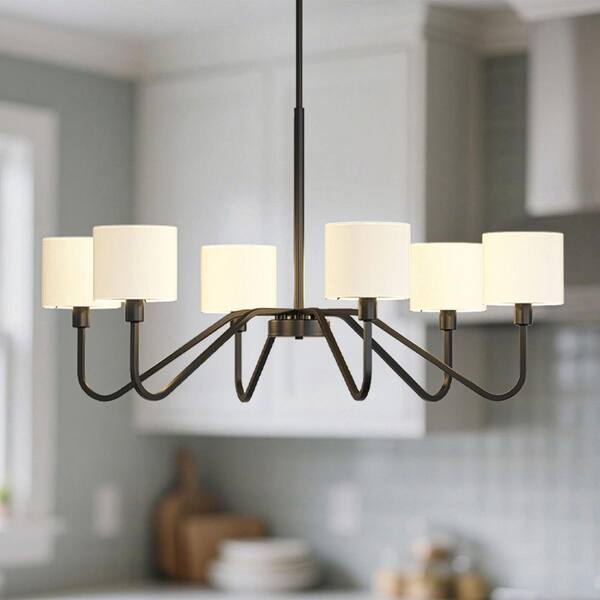 Emeritpro 6 Light Matte Black Chandelier w/ Linen Shades and E12