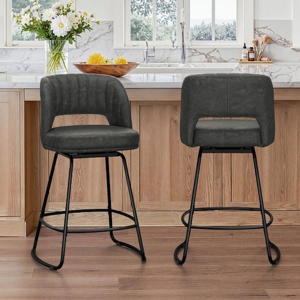 26 in. Black Gray Faux Leather Swivel Bar Stool Metal Frame Upholstered Counter Height Barstools with High Back Set of 2