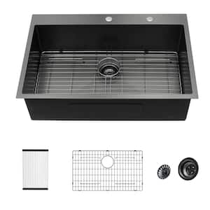 30 in.Drop-In 16-Gauge Gunmetal Black Stainless Steel Single Bowl Topmount Kitchen Sink with Bottom Grid