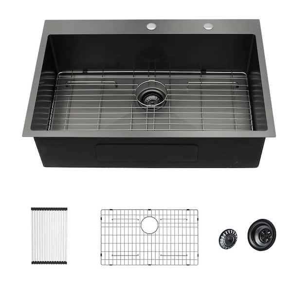 LORDEAR 30 in.Drop-In 16-Gauge Gunmetal Black Stainless Steel Single Bowl Topmount Kitchen Sink with Bottom Grid