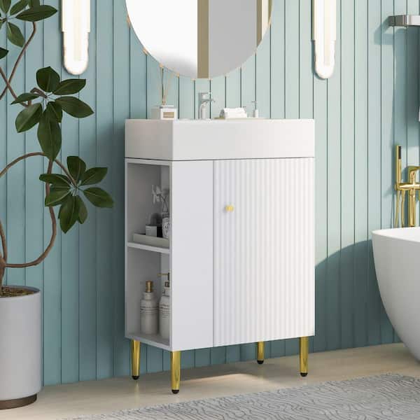 21 in. Single Sink Freestanding White Bath Vanity with White Ceramic Top Left Side Bathroom Storage Cabinet