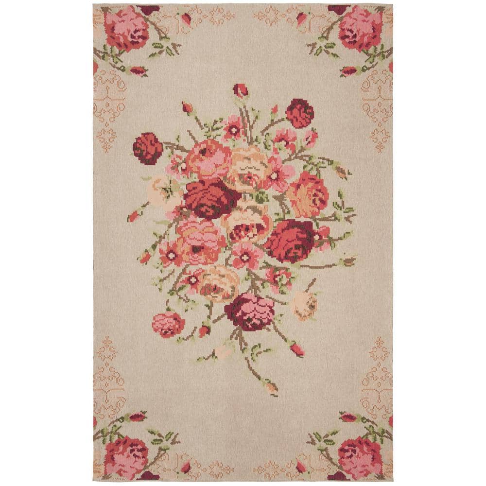Beige and Red Floral Cotton Low Pile Area Rug