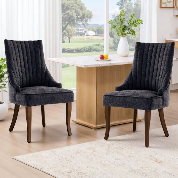 Luxurious Black Linen Dining Chairs Set of 2, Channel Tufted Upholstered Dining Chair with Curved Solid Wood Legs