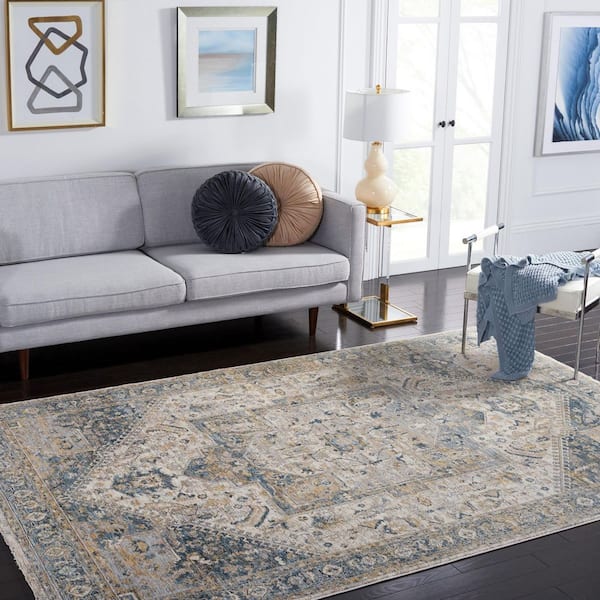 Valencia 8 ft. x 10 ft. Ivory/Blue Distressed Medallion Border Area Rug