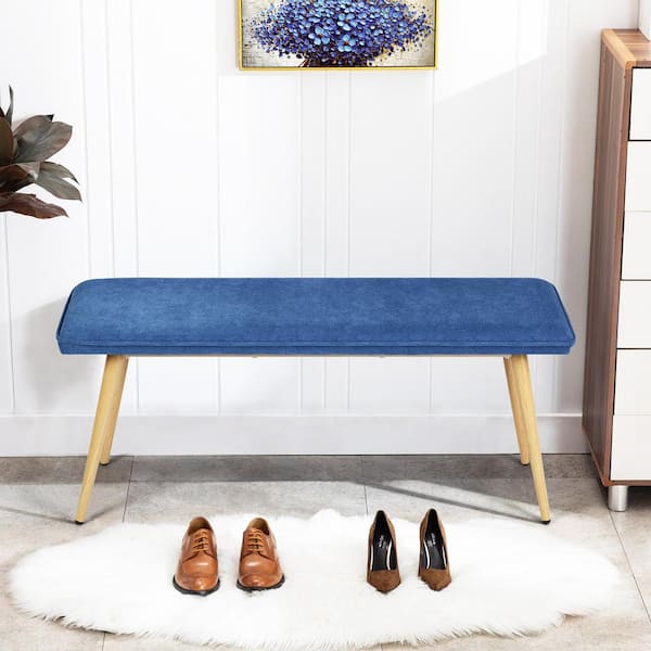 Homy Casa Nuhu Dark Blue Fabric Upholstered Oak Metal Legs Bench 18.3 in. H x 45.3 in. W x 15.3 in. D