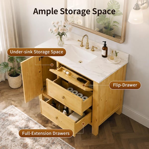 42 in. Single Sink Freestanding Light Natural Bath Vanity with White Engineered Stone Top and Backsplash Assembled