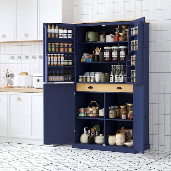 Blue 71.3 in. Accent Cabinet, Pantry Cabinet with 2 Drawers, 2 Adjustable Shelves, 8 Door Shelves